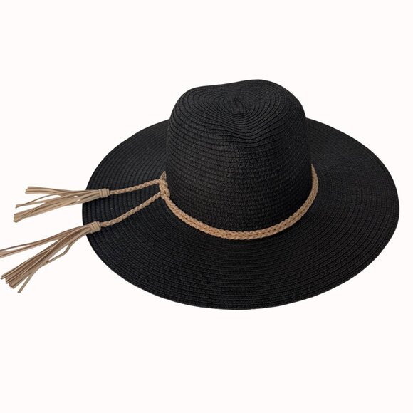 MudPie Wide Brim Sun Hat Boho Floppy Black Braided Band Tassels Beach Cruise main image 5